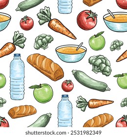 Vector Hand Drawn Food Seamless Pattern Isolated on White Background. Vintage Style Hand Draw Healthy Food Collection. Vector Endless Texture Design Element. for Textile Fabric Prints or Web Uses.