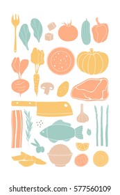 Vector hand drawn food set. Kitchen flat elements. Cooking ingredients