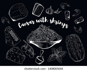 Vector hand drawn food sketch vegetable salad, Caesar salad.Vector illustration on black background