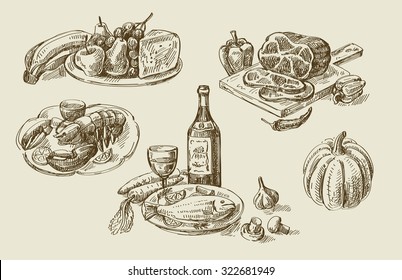 vector hand drawn food sketch and kitchen doodle