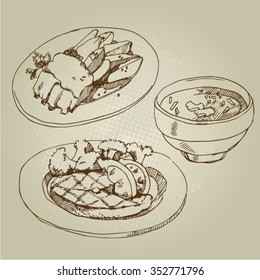 Vector hand drawn food sketch and kitchen drawing.