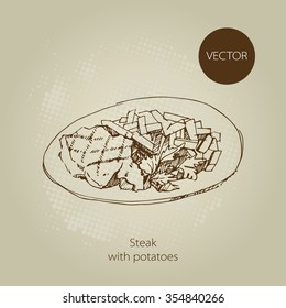 Vector hand drawn food sketch steak with fried potatoes.