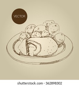 Vector hand drawn food sketch Russian national traditional kitchen cutlet Kiev and stewed potatoes