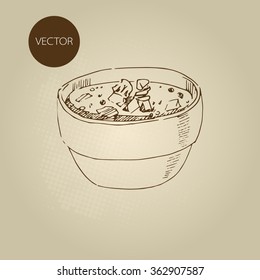Vector hand drawn food sketch Russian national traditional kitchen Solyanka meat soup