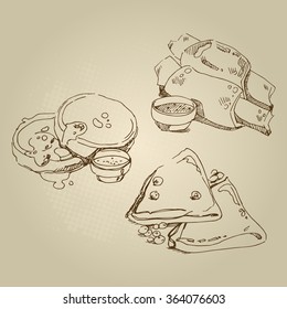 Vector hand drawn food sketch Russian national traditional kitchen pancakes.