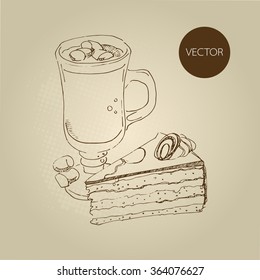 Vector hand drawn food sketch hot chocolate with marshmallows, cocoa and chocolate cake.