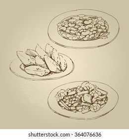 Vector hand drawn food sketch garnish bean, haricot, polka dot, broccoli, garnish bean, haricot, stewed potatoes set.