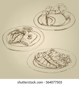 Vector hand drawn food sketch Russian national traditional kitchen cutlet Kiev and stewed potatoes, cabbage rolls, stuffed cabbage, salmon, lemon, rice with vegetables.