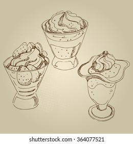 Vector hand drawn food sketch fruit souffle with cream and jelly set.