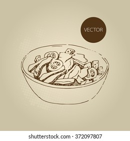 Vector hand drawn food sketch cold appetizers, cucumbers, tomatoes, fat, greens, spices.