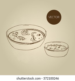 Vector hand drawn food sketch Tom Kha soup, rice.