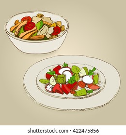 Vector hand drawn food sketch vegetable salad, Caesar salad.