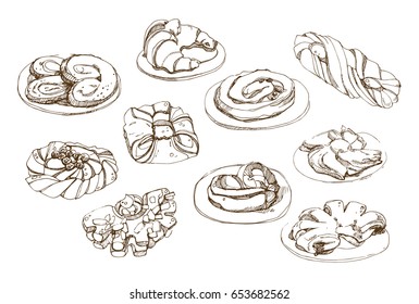 Vector hand drawn food sketch graphic painting. Illustration of pastry, bake. 