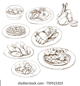Vector hand drawn food sketch and kitchen drawing.