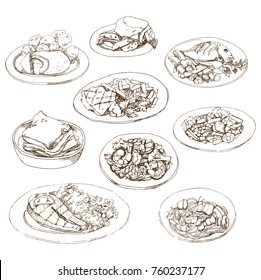 Vector hand drawn food sketch Russian national traditional kitchen cutlet Kiev and stewed potatoes,  salmon, lemon, rice with vegetables, lasagna, pasta, shrimp, duck, fish.