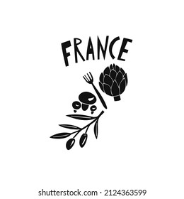Vector hand drawn food symbol of France. Travel illustration of French signs. Hand drawn lettering illustration. French landmark logo