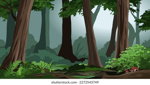 Vector hand drawn forest illustration with dense trees and bushes