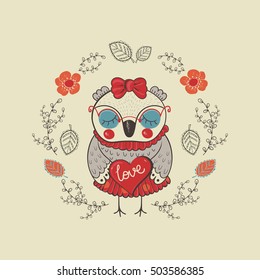 Vector hand drawn forest illustration of doodling owl/ funny cartoon animal in vector/