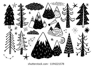 Vector hand drawn forest winter set. Elements for the design of pine, spruce, mountain. Doodle style. Cute illustration