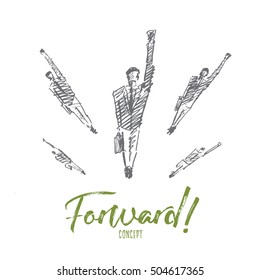 Vector hand drawn forward concept sketch. Business people jumping up and flying towards new opportunities. Lettering Forward concept
