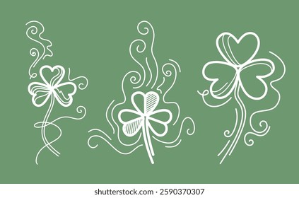 Vector hand drawn four leaf clovers set. Outline shamrocks collection. Vintage contour signs for St. Patrick's day design. Decorative linear plant elements. Elegant botanical art. Simple floral sketch