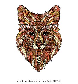Vector hand drawn fox animal on background. Color zentangle art. Ethnic illustration for antistress book, tattoo, design, print, clothes, t-shirt, poster. Boho style. Sophisticated graphic drawing.