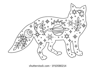 Vector hand drawn fox with boho elements for decoration. Bohemian clipart. Woodland animal 