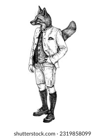 Vector hand drawn Fox like a gentleman in traditional cloth. Ink engraved style