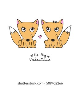 vector hand drawn foxes couple, greeting card for valentines day