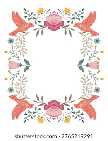 Vector hand drawn frame with animals in folk Nordic Scandinavian style. Birds, flowers and tree branches in floral wreath.