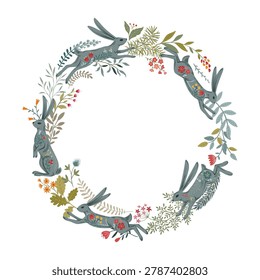 Vector hand drawn frame with animals in folk Nordic Scandinavian style. Hares, rabbits and tree branches in floral wreath.