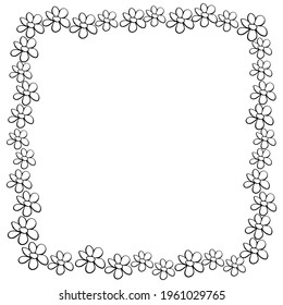Vector hand drawn frame, border from black outline small flowers in doodle style. Cute simple primitive background, decoration for invitation, greeting card, wedding