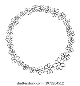 Vector hand drawn frame, border from black outline small flowers in doodle style. Cute simple primitive background, decoration for invitation, greeting card, wedding