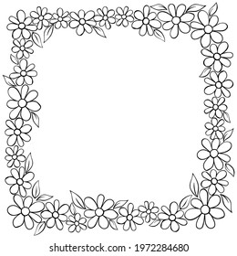 Vector hand drawn frame, border from black outline small flowers in doodle style. Cute simple primitive background, decoration for invitation, greeting card, wedding