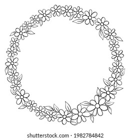 Vector hand drawn frame, border from black outline small flowers in doodle style. Cute simple primitive background, decoration for invitation, greeting card, wedding