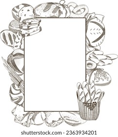 Vector hand drawn frame border of bakery products, ink sketch style illustration