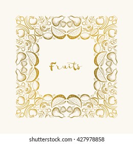 Vector hand drawn frame. Border is made with seamless pattern with various fruits.