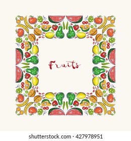 Vector hand drawn frame. Border is made with seamless pattern with fruits.