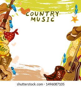 Vector hand drawn frame “Country Music” with cowboy hat, guitar, bandana, boots, tambourine, feathers and stars. For music festival banners, invitations, articles, advertisements. 