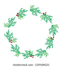 vector hand drawn frame created from green decorative branches, for merry christmas greeting card or winter season vintage background