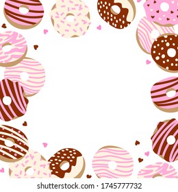 Vector hand drawn frame of donuts with different tastes. Isolated on white. Strawberry, chocolate and vanilla tastes. Sweets illustration. Cartoon style.