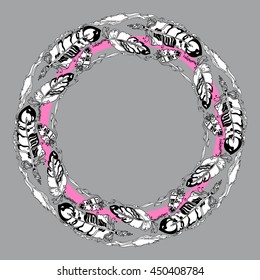 Vector hand drawn frame with feathers and beads ethnic abstract decorative elements. Ottoman motifs. Sketch texture for tattoo, poster, print, card or t-shirt. Creative bohemia concept.