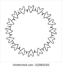 Vektorgrafik, handgezeichnet, mit Herzen einzeln auf weißem Hintergrund. Silhouette Kranz des Herzens. Doodle-Stilrahmen für Monogramme, Valentinstag-Grußkarten, Einladungen, Logos.