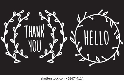 Vector hand drawn frame. Hello. Thank you. 