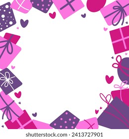 Vector hand drawn frame made from gift boxes and hearts by Valentine day. Illustration in flat style. For greeting card, logo, sale, product