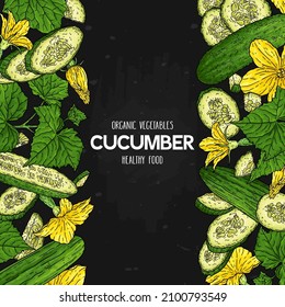 Vector hand drawn frame with organic cucumbers, slices, halves, pieces, flower, branch and leaves isolated on dark background. Natural vegetables illustration