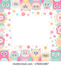 Vector hand drawn frame with owls and flowers. Illustration in flat style. Pastel colors - mint, pink, yellow, beige. Cute birds for childish design.