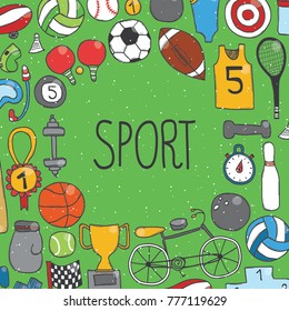 Vector hand drawn frame with sport items.