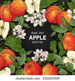 Vector hand drawn frame with whole apple, half, flower, branch and leaves isolated on dark background. Organic fruits healthy illustration