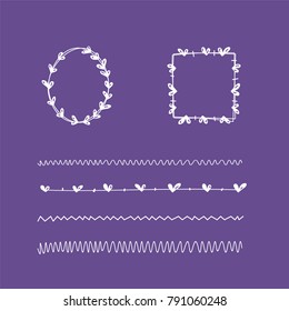 vector hand drawn frames and borders on violet background. Photo overlay with hearts and dots